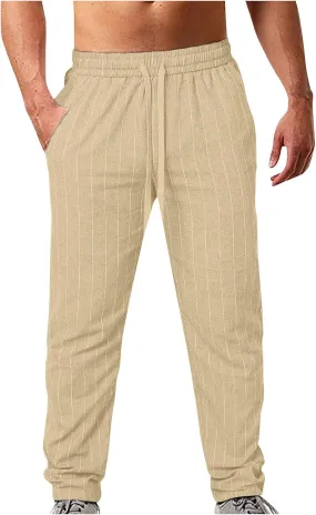 Striped Linen Pants Men Slim Fit Drawstring Dress Pants Elastic Waist Summer Lounge Pants Casual Comfy Trousers
