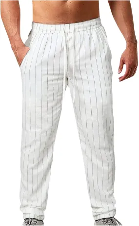 Striped Linen Pants Men Slim Fit Drawstring Dress Pants Elastic Waist Summer Lounge Pants Casual Comfy Trousers