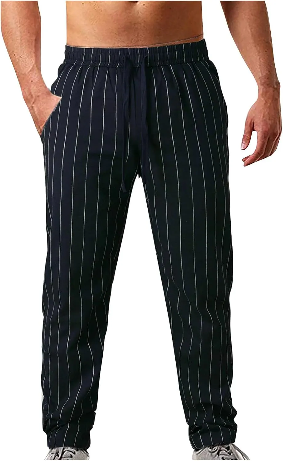 Striped Linen Pants Men Slim Fit Drawstring Dress Pants Elastic Waist Summer Lounge Pants Casual Comfy Trousers
