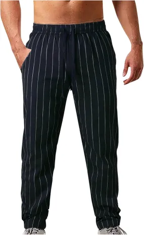 Striped Linen Pants Men Slim Fit Drawstring Dress Pants Elastic Waist Summer Lounge Pants Casual Comfy Trousers