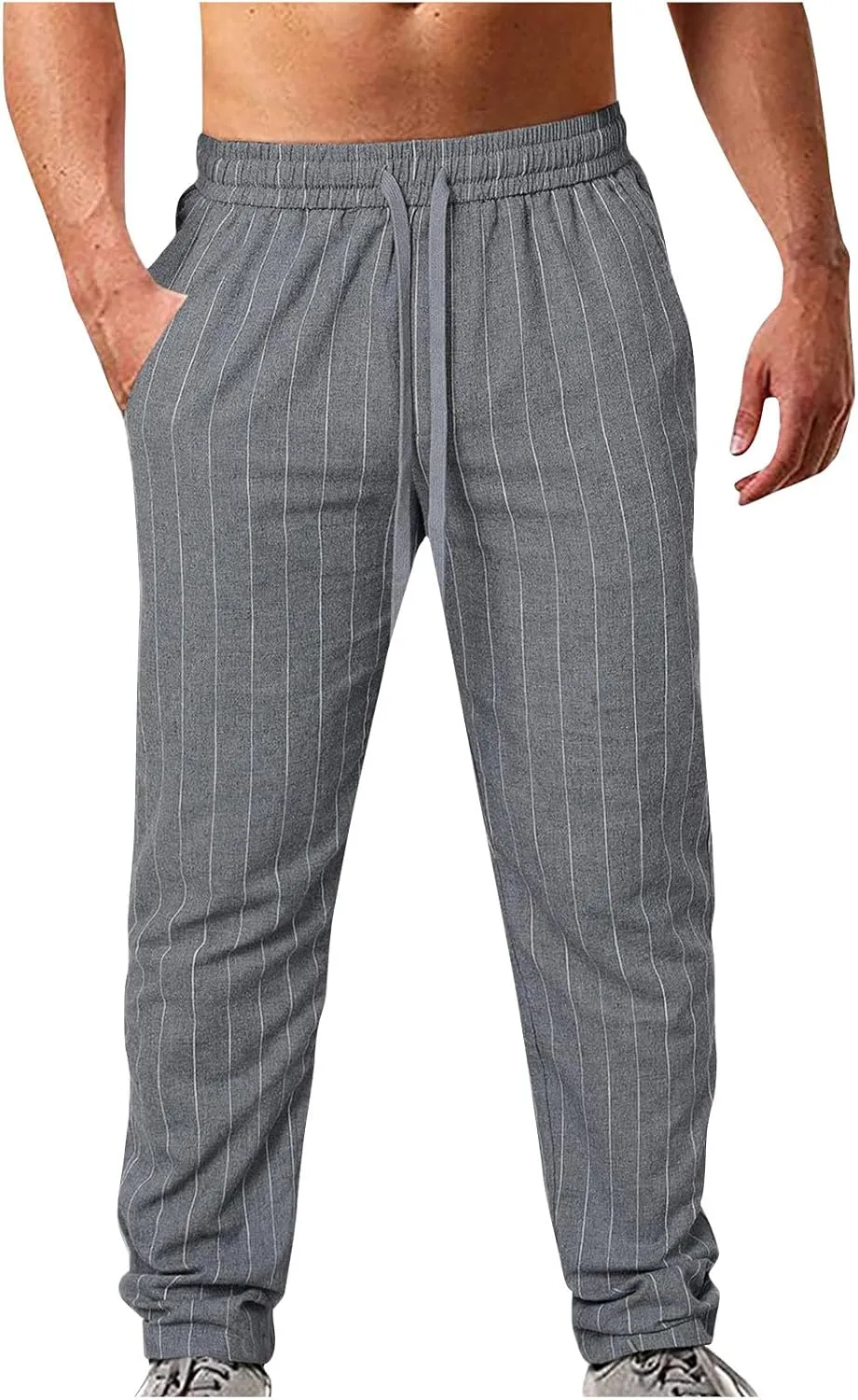Striped Linen Pants Men Slim Fit Drawstring Dress Pants Elastic Waist Summer Lounge Pants Casual Comfy Trousers