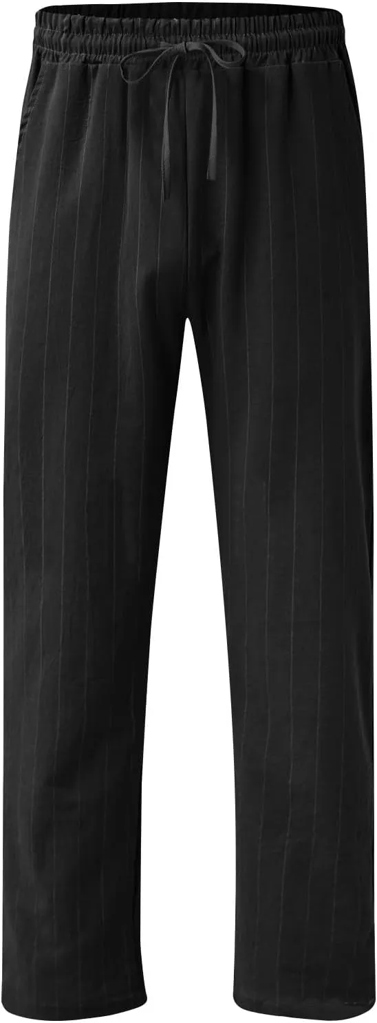 Striped Linen Pants Men Slim Fit Drawstring Dress Pants Elastic Waist Summer Lounge Pants Casual Comfy Trousers