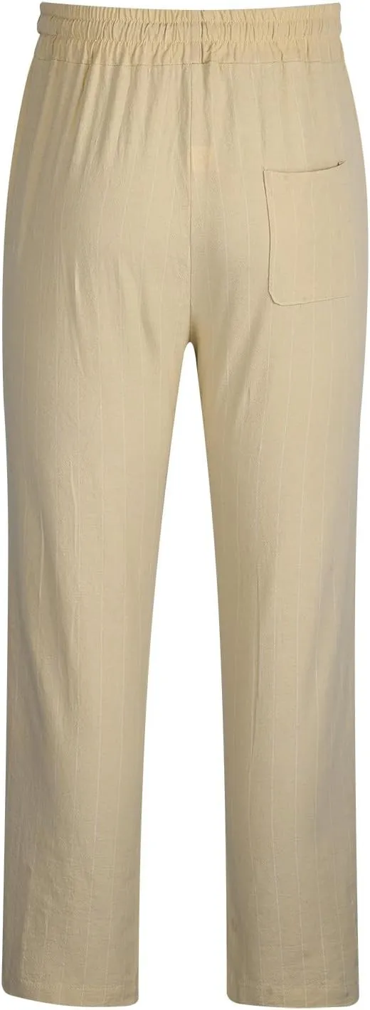 Striped Linen Pants Men Slim Fit Drawstring Dress Pants Elastic Waist Summer Lounge Pants Casual Comfy Trousers