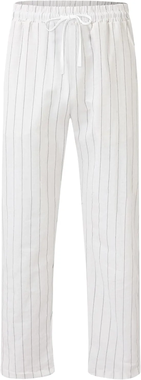 Striped Linen Pants Men Slim Fit Drawstring Dress Pants Elastic Waist Summer Lounge Pants Casual Comfy Trousers