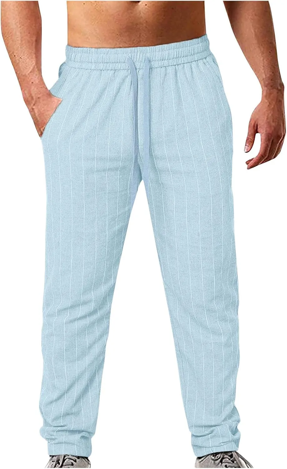 Striped Linen Pants Men Slim Fit Drawstring Dress Pants Elastic Waist Summer Lounge Pants Casual Comfy Trousers
