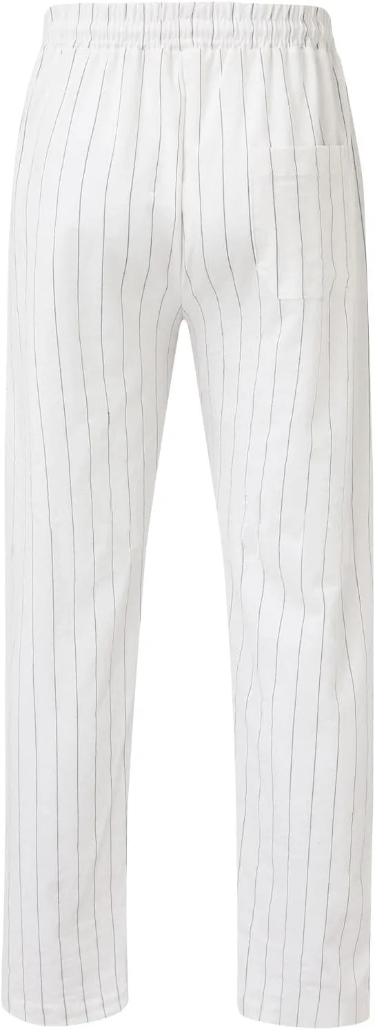 Striped Linen Pants Men Slim Fit Drawstring Dress Pants Elastic Waist Summer Lounge Pants Casual Comfy Trousers
