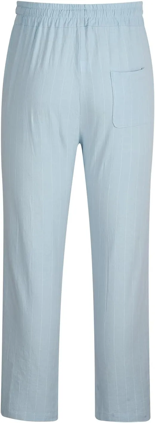 Striped Linen Pants Men Slim Fit Drawstring Dress Pants Elastic Waist Summer Lounge Pants Casual Comfy Trousers