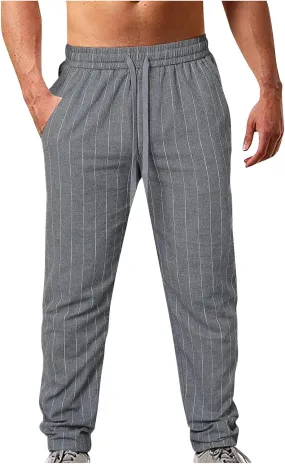 Striped Linen Pants Men Slim Fit Drawstring Dress Pants Elastic Waist Summer Lounge Pants Casual Comfy Trousers
