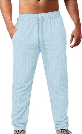 Striped Linen Pants Men Slim Fit Drawstring Dress Pants Elastic Waist Summer Lounge Pants Casual Comfy Trousers