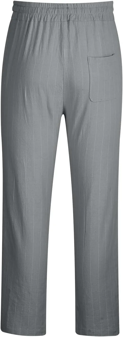 Striped Linen Pants Men Slim Fit Drawstring Dress Pants Elastic Waist Summer Lounge Pants Casual Comfy Trousers
