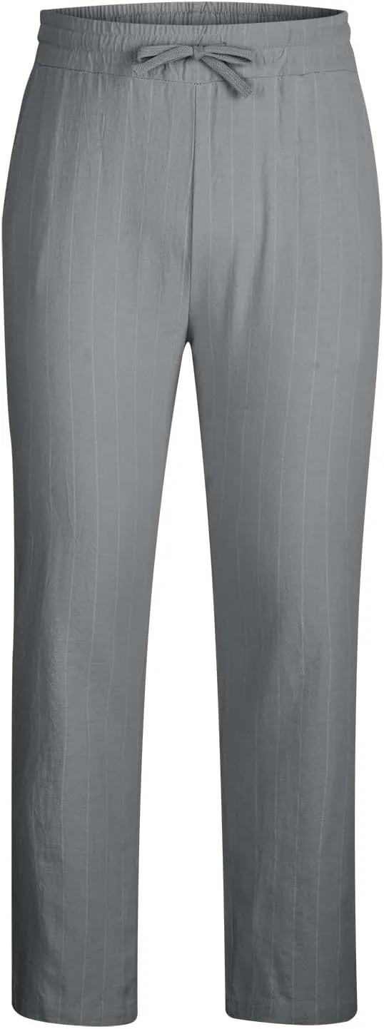 Striped Linen Pants Men Slim Fit Drawstring Dress Pants Elastic Waist Summer Lounge Pants Casual Comfy Trousers