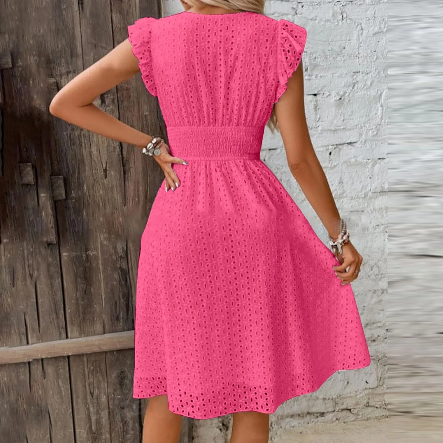 Summer Dress for Women Eyelet Lace Embroidery Smocked Waist Party Dress Sexy Flutter Sleeve A Line Midi Long Sun Dress