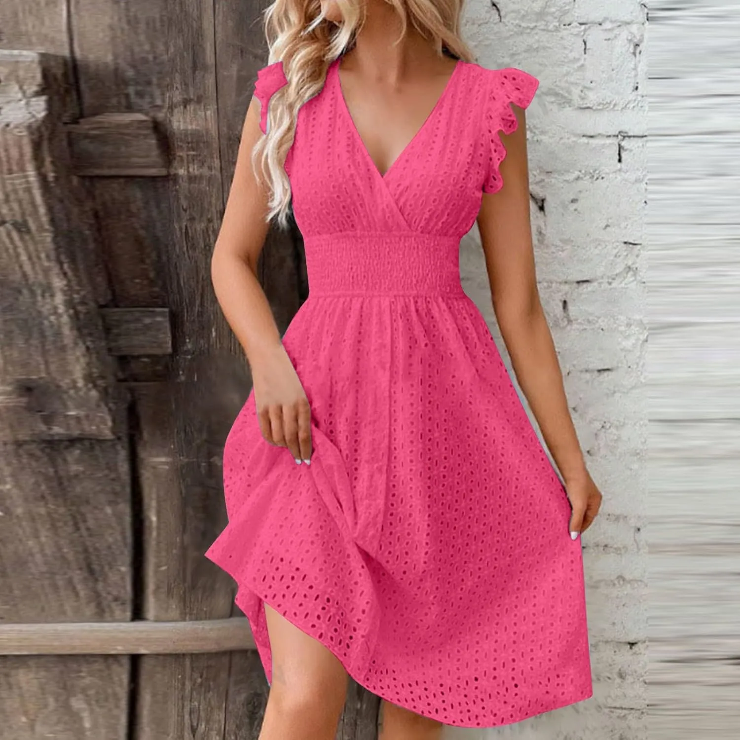Summer Dress for Women Eyelet Lace Embroidery Smocked Waist Party Dress Sexy Flutter Sleeve A Line Midi Long Sun Dress