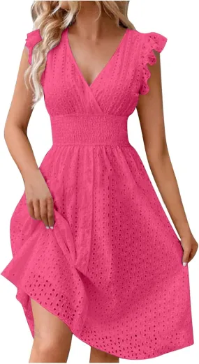 Summer Dress for Women Eyelet Lace Embroidery Smocked Waist Party Dress Sexy Flutter Sleeve A Line Midi Long Sun Dress