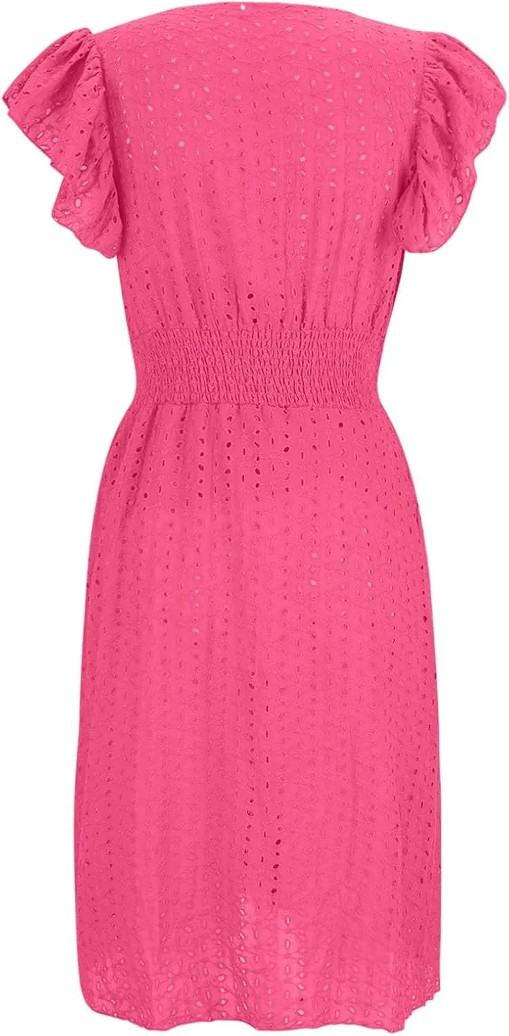 Summer Dress for Women Eyelet Lace Embroidery Smocked Waist Party Dress Sexy Flutter Sleeve A Line Midi Long Sun Dress