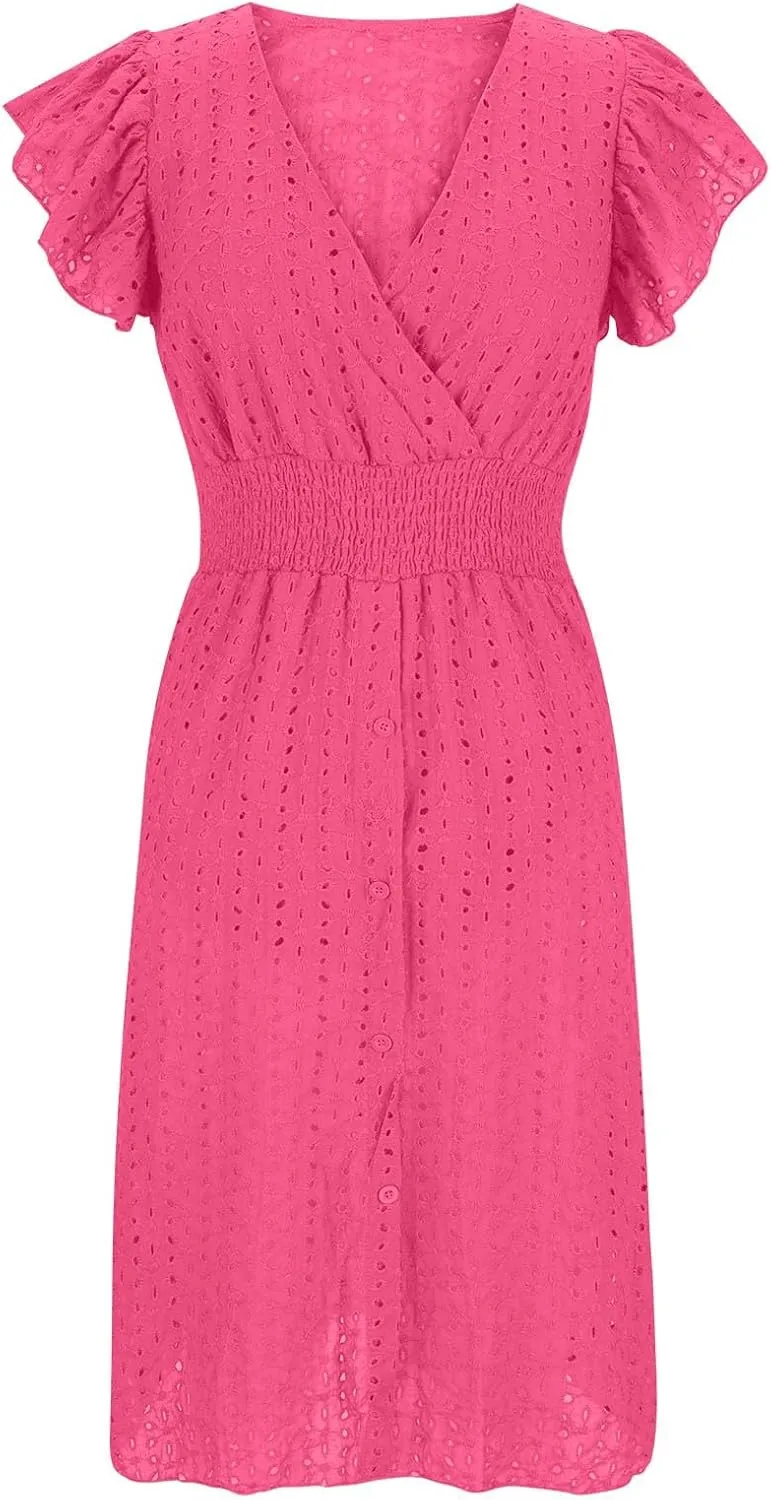 Summer Dress for Women Eyelet Lace Embroidery Smocked Waist Party Dress Sexy Flutter Sleeve A Line Midi Long Sun Dress