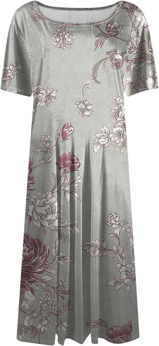 Summer Dresses for Women 2025 Midi Short Sleeve Round Neck Spring Dress Tender Pleated with Side Pocket A Line Dress