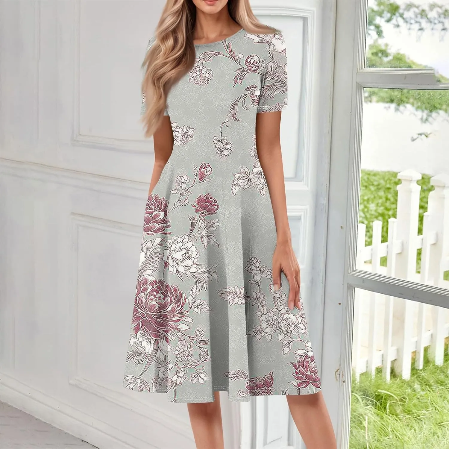 Summer Dresses for Women 2025 Midi Short Sleeve Round Neck Spring Dress Tender Pleated with Side Pocket A Line Dress