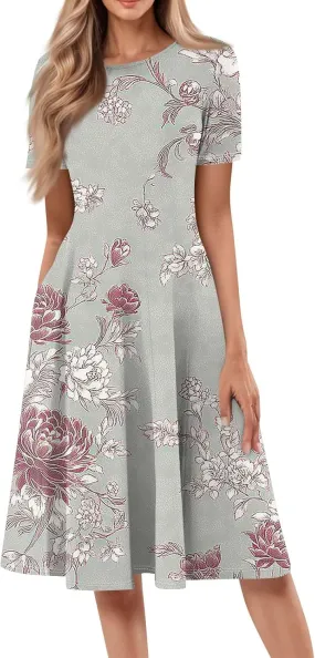 Summer Dresses for Women 2025 Midi Short Sleeve Round Neck Spring Dress Tender Pleated with Side Pocket A Line Dress