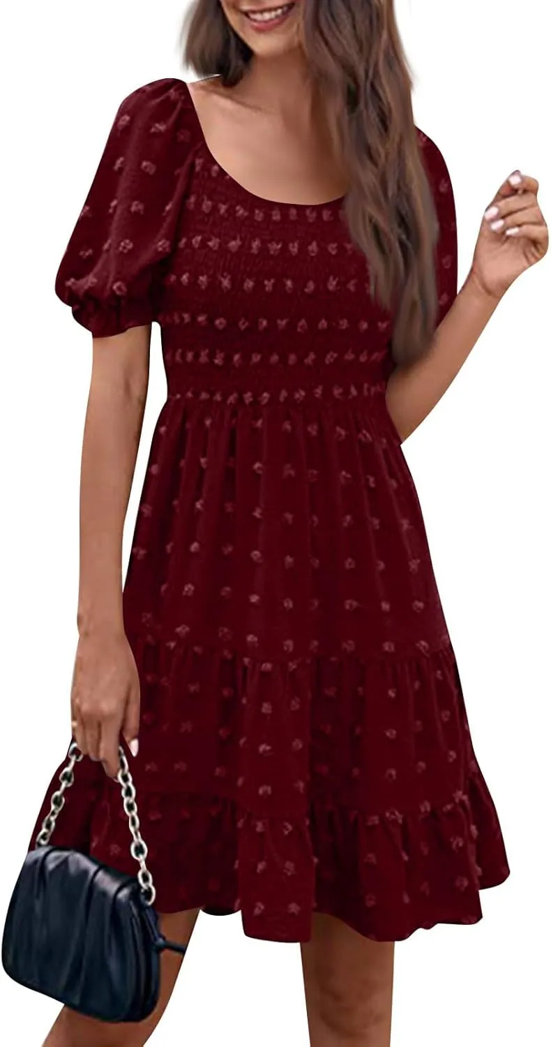 Summer Dresses for Women 2025 Round Neck Puff Sleeves A Line Dress Solid Dot Pleated Boho Casual Beach Flowy Dresses