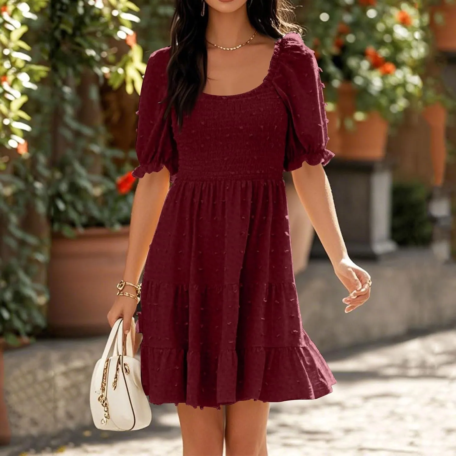 Summer Dresses for Women 2025 Round Neck Puff Sleeves A Line Dress Solid Dot Pleated Boho Casual Beach Flowy Dresses