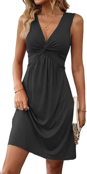 Summer Dresses for Women 2025 V Neck Front Knotted Dresses Sleeveless Mini/Midi Dress Elegant Club Party Tunic Dress