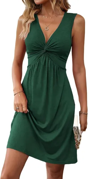 Summer Dresses for Women 2025 V Neck Front Knotted Dresses Sleeveless Mini/Midi Dress Elegant Club Party Tunic Dress