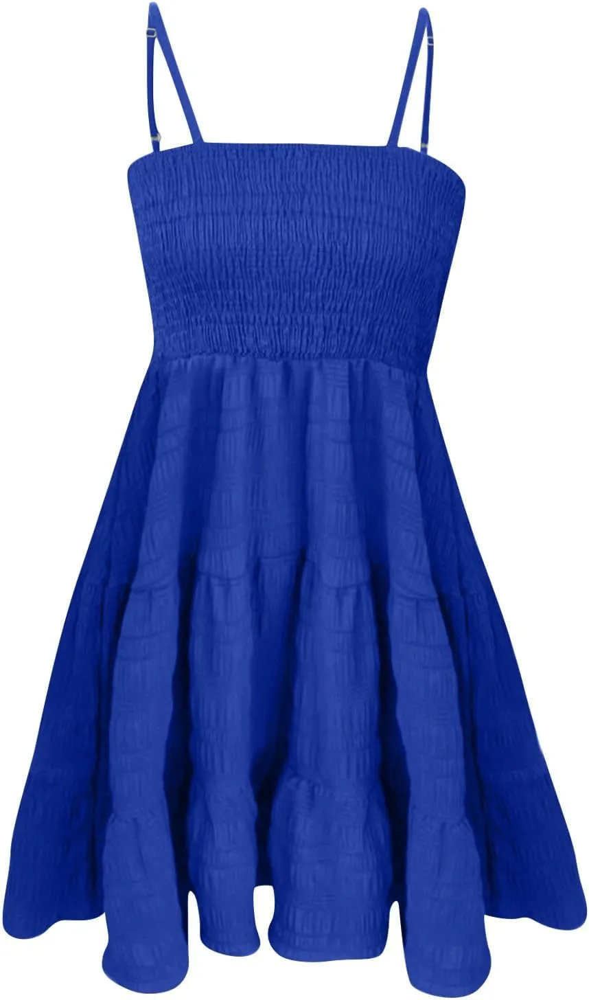 Summer Dresses for Women 2025 Vacation Casual Boho Sleeveless Spaghetti Strap Smocked Tiered Beach Short Sundresses