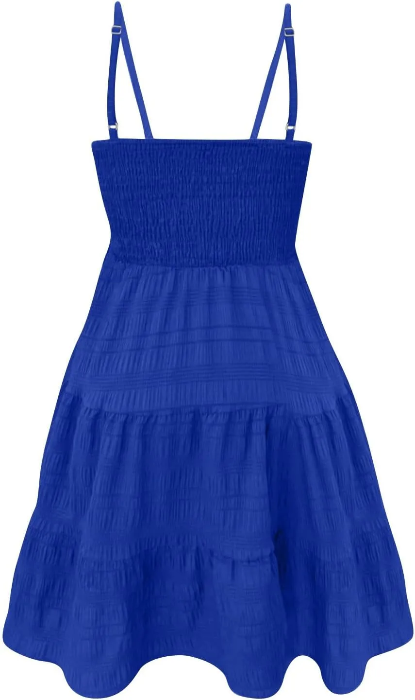 Summer Dresses for Women 2025 Vacation Casual Boho Sleeveless Spaghetti Strap Smocked Tiered Beach Short Sundresses