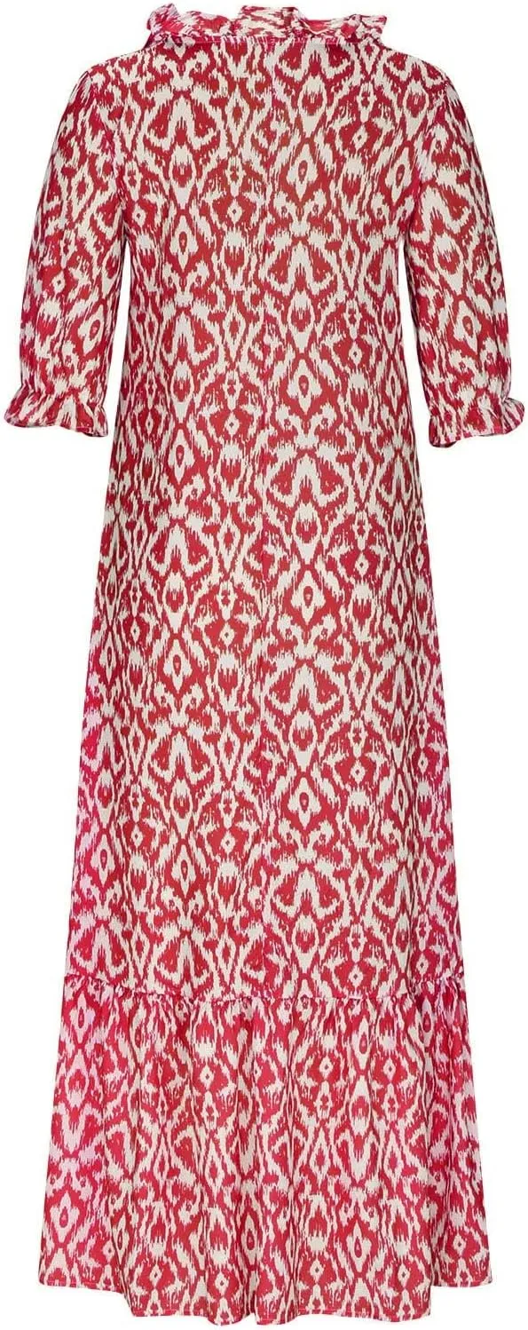 Summer Dresses for Women Tassel Tie V Neck Ruffle Elbow Length Sleeve Boho Floral Print Maxi Dress Beach Vacation Long Dress
