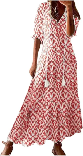 Summer Dresses for Women Tassel Tie V Neck Ruffle Elbow Length Sleeve Boho Floral Print Maxi Dress Beach Vacation Long Dress