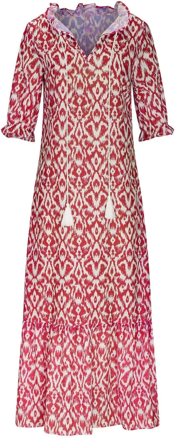 Summer Dresses for Women Tassel Tie V Neck Ruffle Elbow Length Sleeve Boho Floral Print Maxi Dress Beach Vacation Long Dress