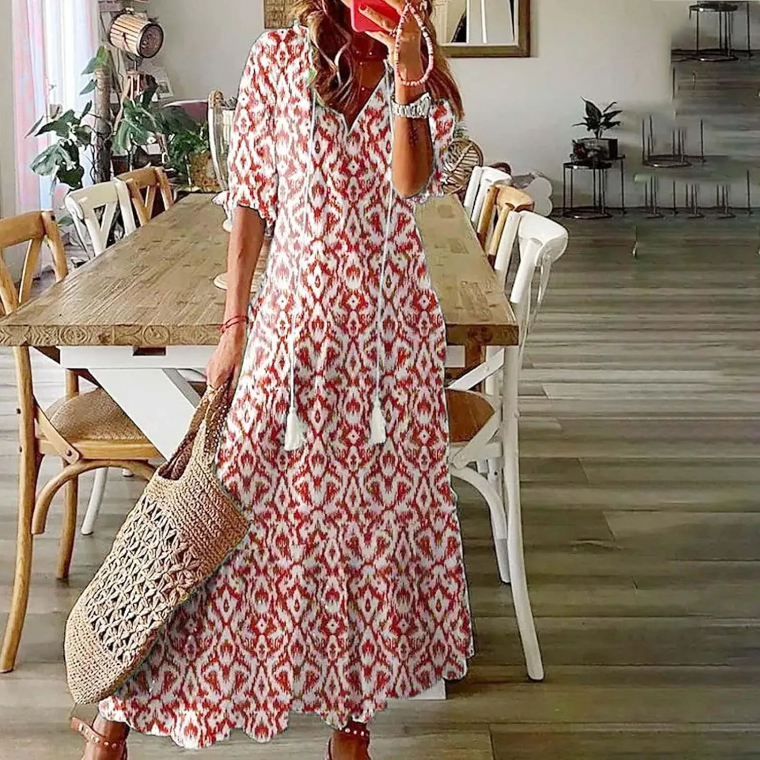 Summer Dresses for Women Tassel Tie V Neck Ruffle Elbow Length Sleeve Boho Floral Print Maxi Dress Beach Vacation Long Dress