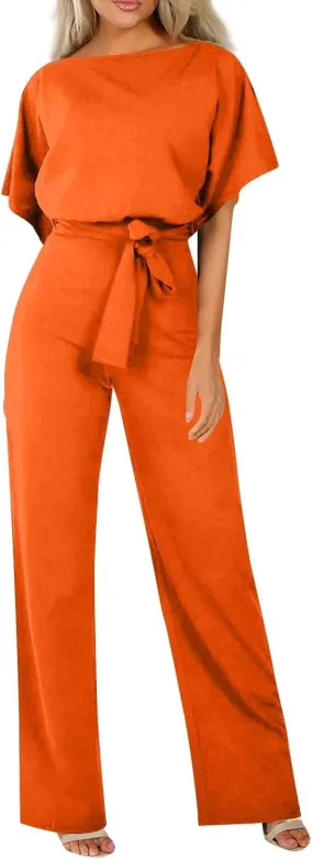 Summer Jumpsuits for Women Loose Short Sleeve Belted Wide Leg Pant Romper 2025 Casual One Piece Overalls Outfits