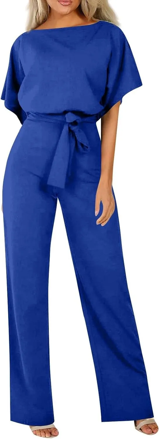 Summer Jumpsuits for Women Loose Short Sleeve Belted Wide Leg Pant Romper 2025 Casual One Piece Overalls Outfits
