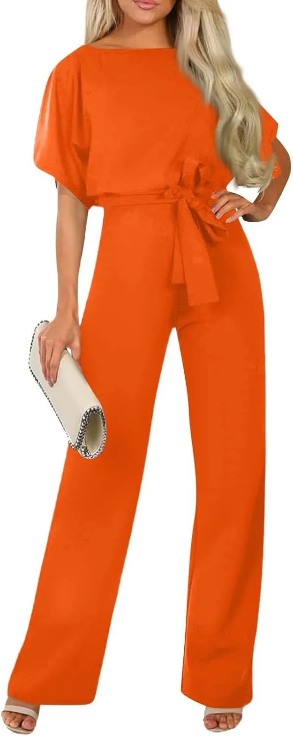 Summer Jumpsuits for Women Loose Short Sleeve Belted Wide Leg Pant Romper 2025 Casual One Piece Overalls Outfits