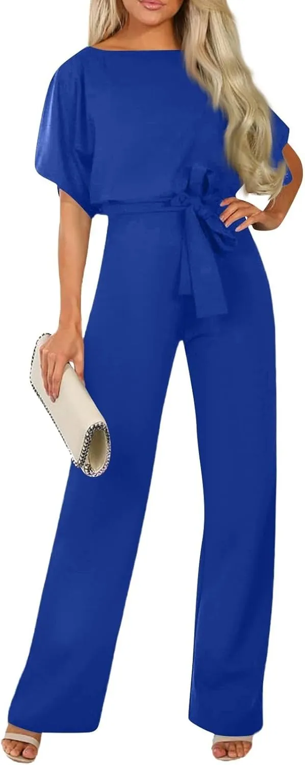 Summer Jumpsuits for Women Loose Short Sleeve Belted Wide Leg Pant Romper 2025 Casual One Piece Overalls Outfits