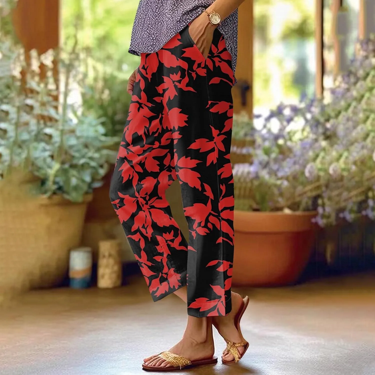 Summer Linen Pants Women Wide Leg Baggy Floral Print Elastic Waist Pants Straight High Waist Soft Trousers with Pockets