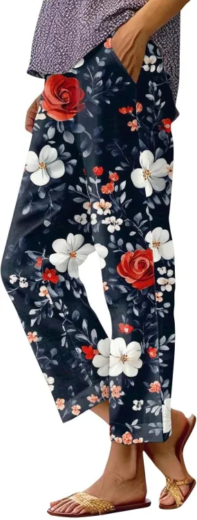 Summer Linen Pants Women Wide Leg Baggy Floral Print Elastic Waist Pants Straight High Waist Soft Trousers with Pockets