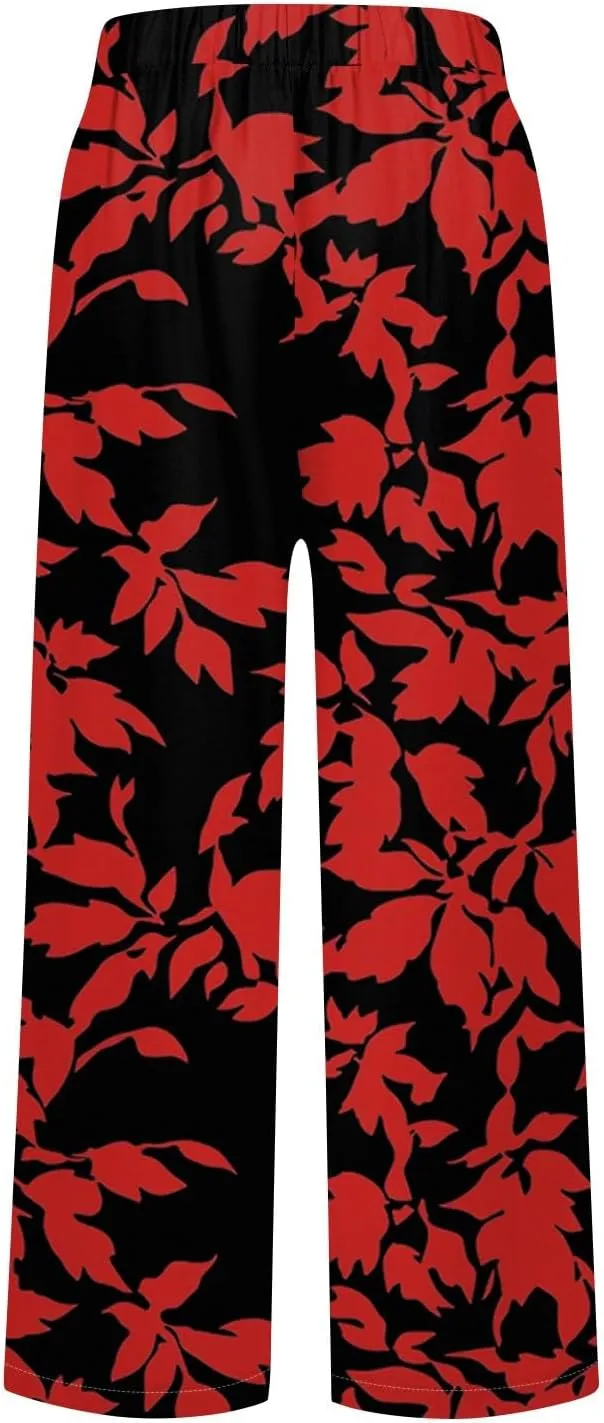 Summer Linen Pants Women Wide Leg Baggy Floral Print Elastic Waist Pants Straight High Waist Soft Trousers with Pockets