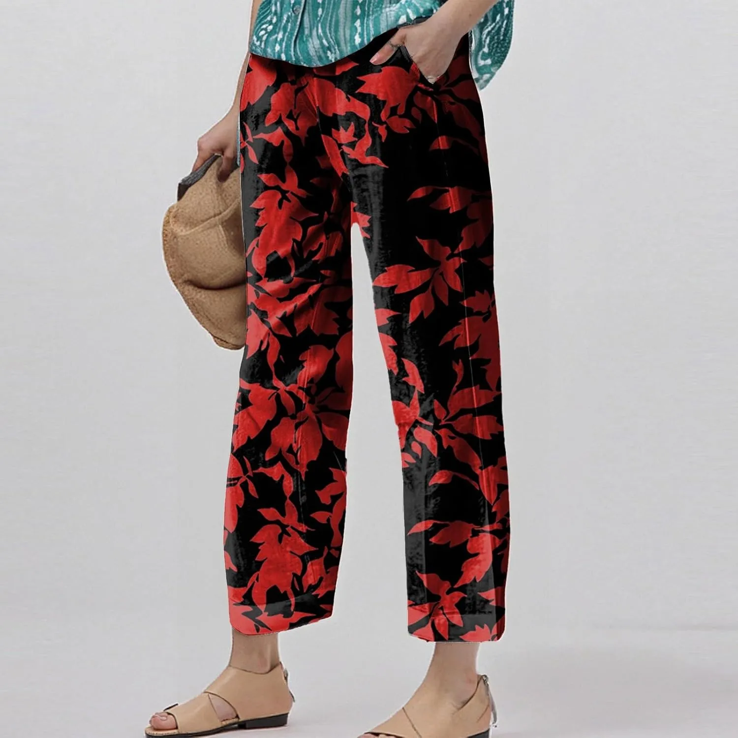 Summer Linen Pants Women Wide Leg Baggy Floral Print Elastic Waist Pants Straight High Waist Soft Trousers with Pockets