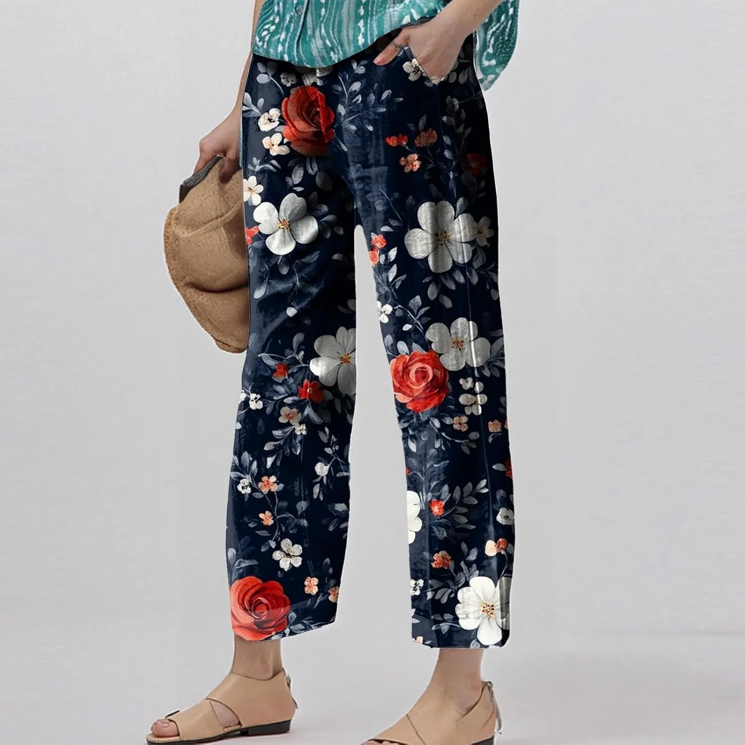 Summer Linen Pants Women Wide Leg Baggy Floral Print Elastic Waist Pants Straight High Waist Soft Trousers with Pockets