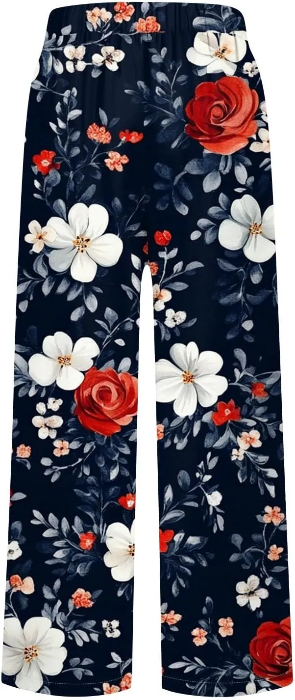Summer Linen Pants Women Wide Leg Baggy Floral Print Elastic Waist Pants Straight High Waist Soft Trousers with Pockets