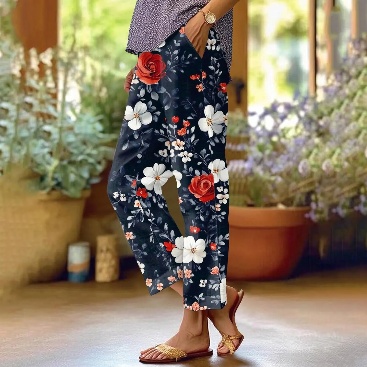 Summer Linen Pants Women Wide Leg Baggy Floral Print Elastic Waist Pants Straight High Waist Soft Trousers with Pockets