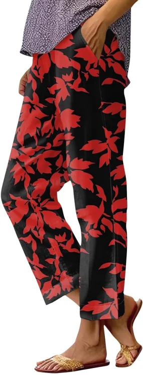 Summer Linen Pants Women Wide Leg Baggy Floral Print Elastic Waist Pants Straight High Waist Soft Trousers with Pockets