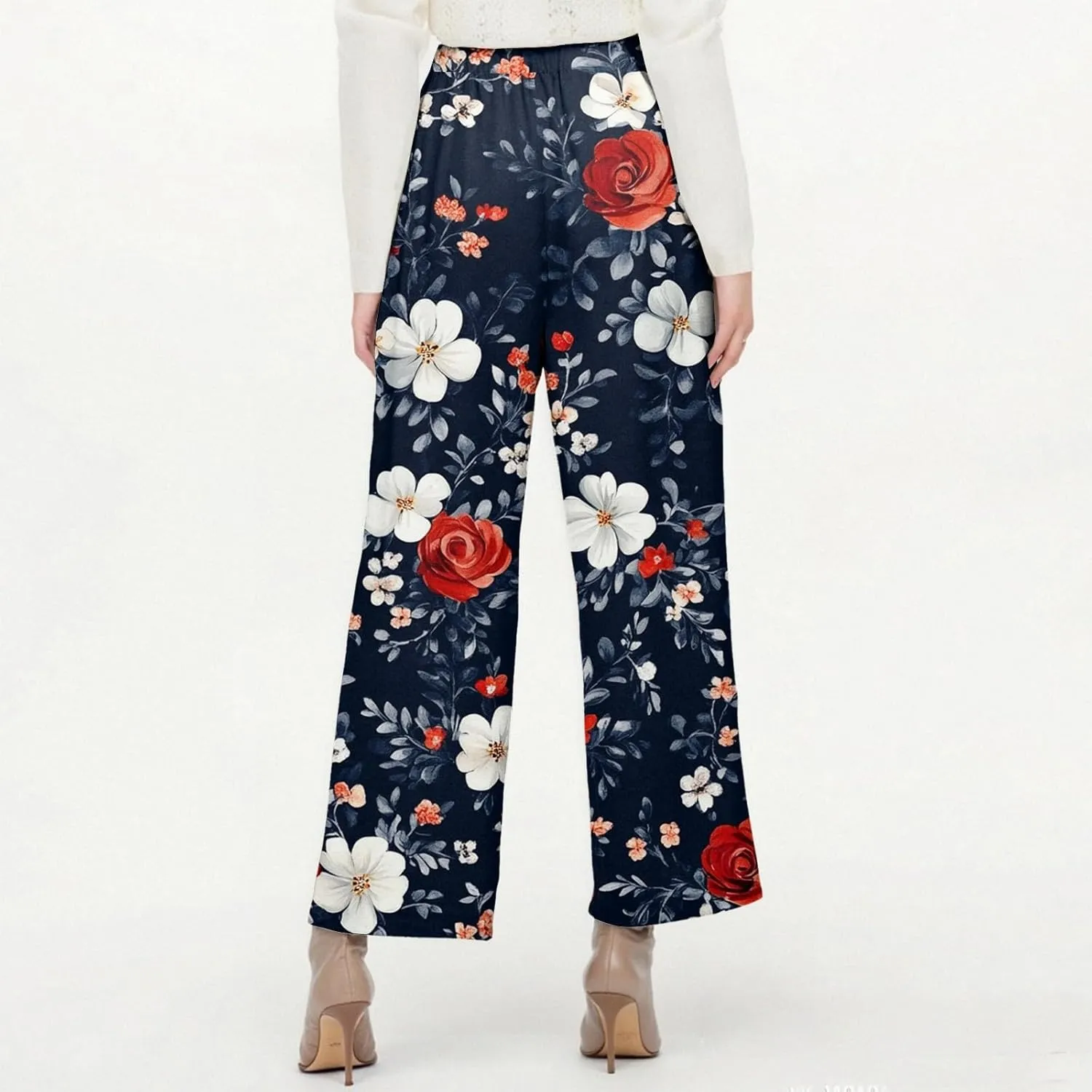Summer Linen Pants Women Wide Leg Baggy Floral Print Elastic Waist Pants Straight High Waist Soft Trousers with Pockets