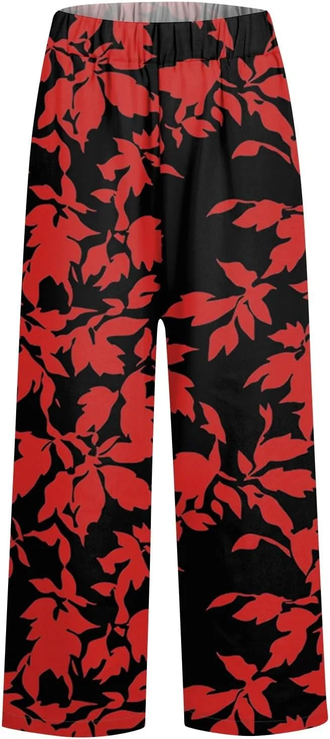 Summer Linen Pants Women Wide Leg Baggy Floral Print Elastic Waist Pants Straight High Waist Soft Trousers with Pockets