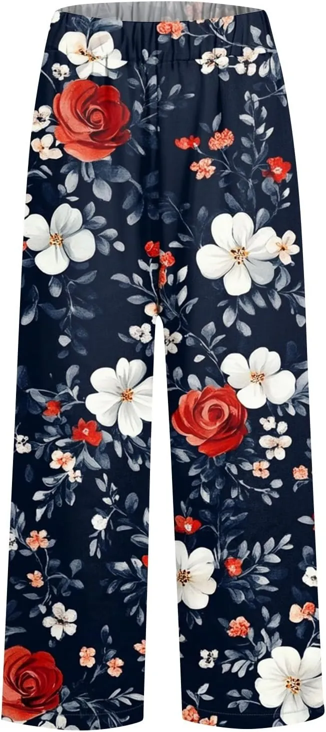 Summer Linen Pants Women Wide Leg Baggy Floral Print Elastic Waist Pants Straight High Waist Soft Trousers with Pockets