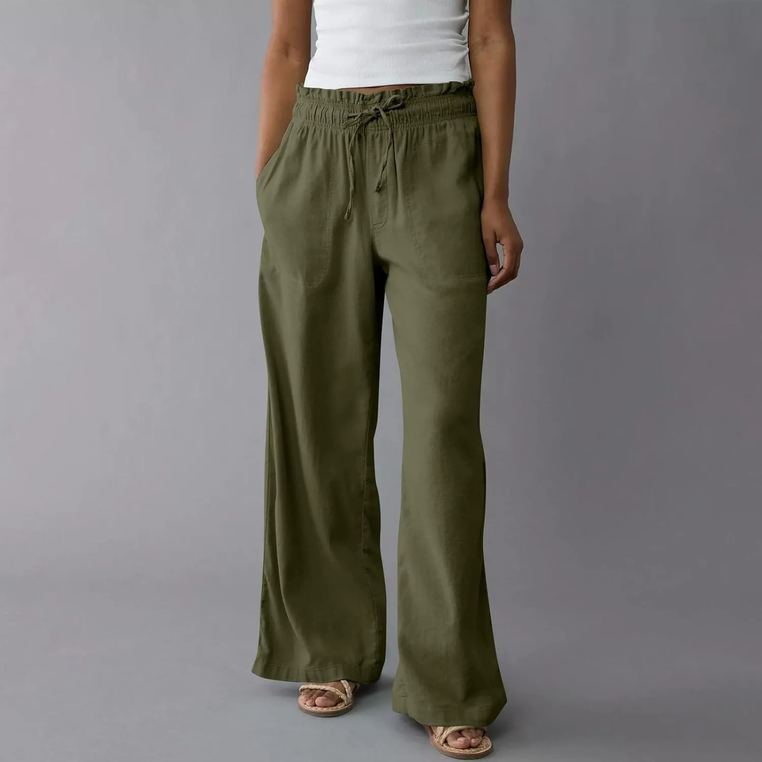 Summer Womens Flowy Pants Linen Loose Wide Leg Elastic Waist Palazzo Pants Casual Trendy Straight Leg Clothes Pockets