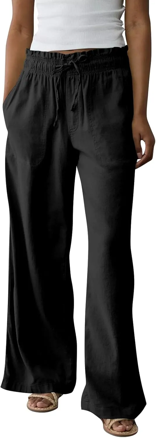 Summer Womens Flowy Pants Linen Loose Wide Leg Elastic Waist Palazzo Pants Casual Trendy Straight Leg Clothes Pockets